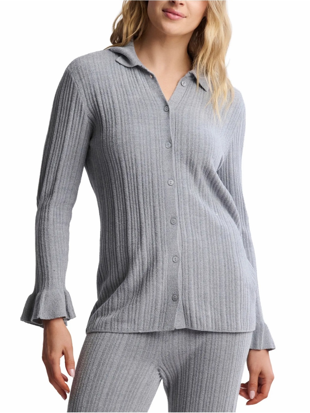 Barefoot Dreams CozyChic Ultra Lite Rib Sweater Tunic Button Down Sz L NWT